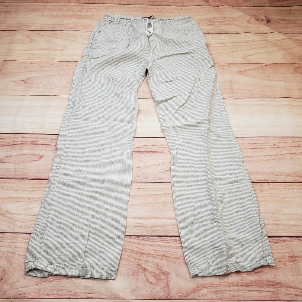 Brandy Melville‎ Anastasia Linen Pants Womens Small Beige Pinstripe Wide Leg